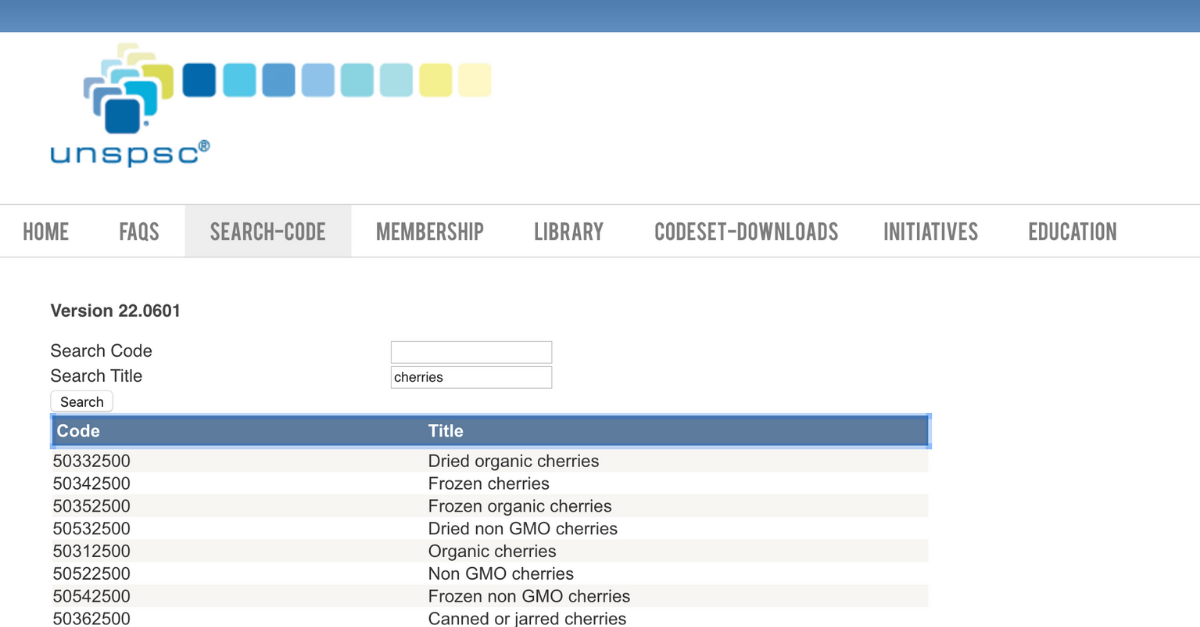 UNSPSC Cherries Search Result Page